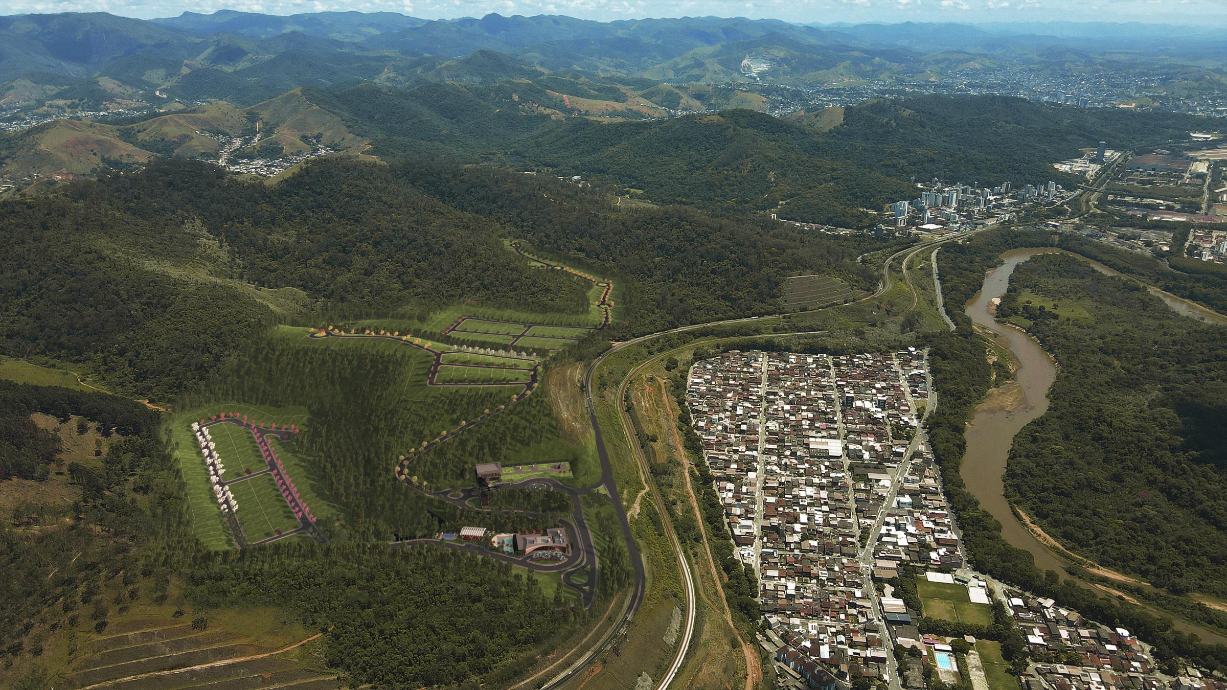 Vista aérea da área do Villa Arbô e das montanhas do Vale do Aço