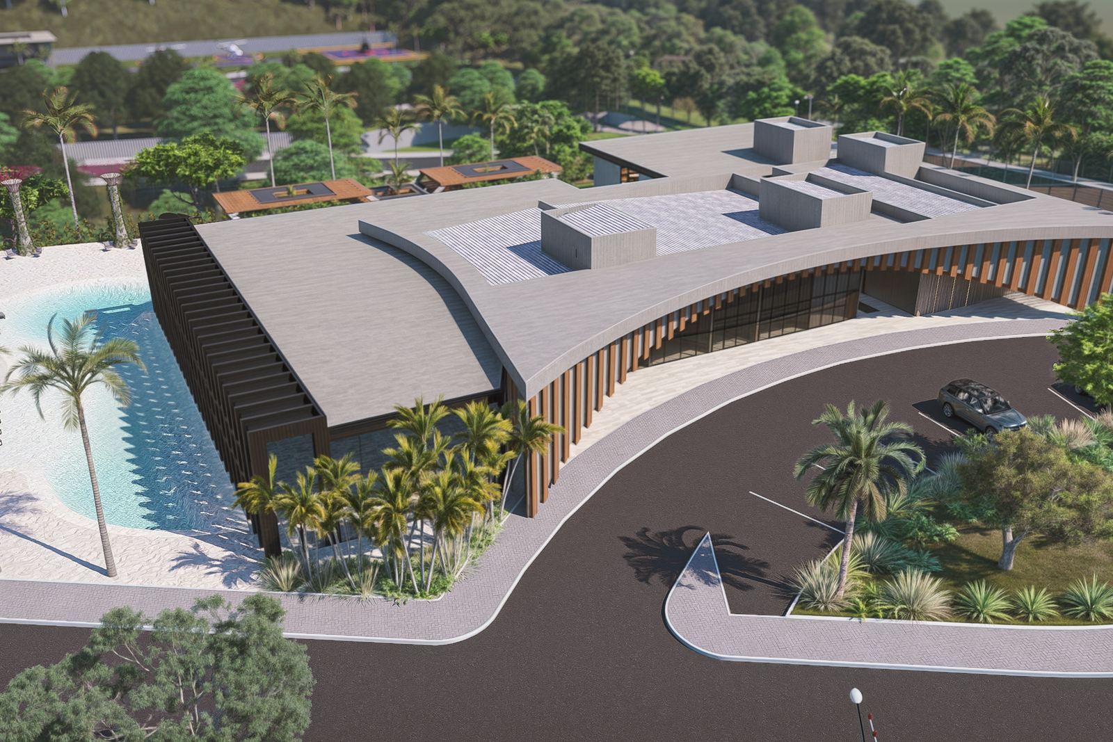 Vista aérea do clube, com a piscina e a arquitetura em curva