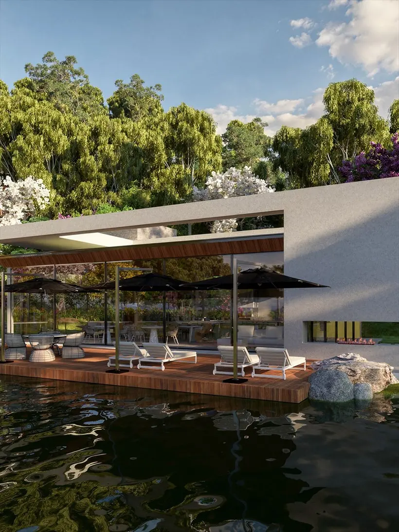 Lounge com deck sobre a lagoa