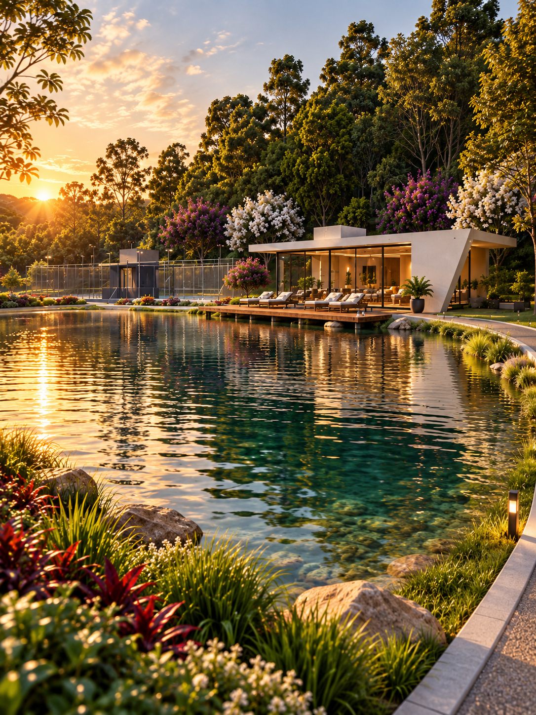 Lagoa e lounge ao entardecer