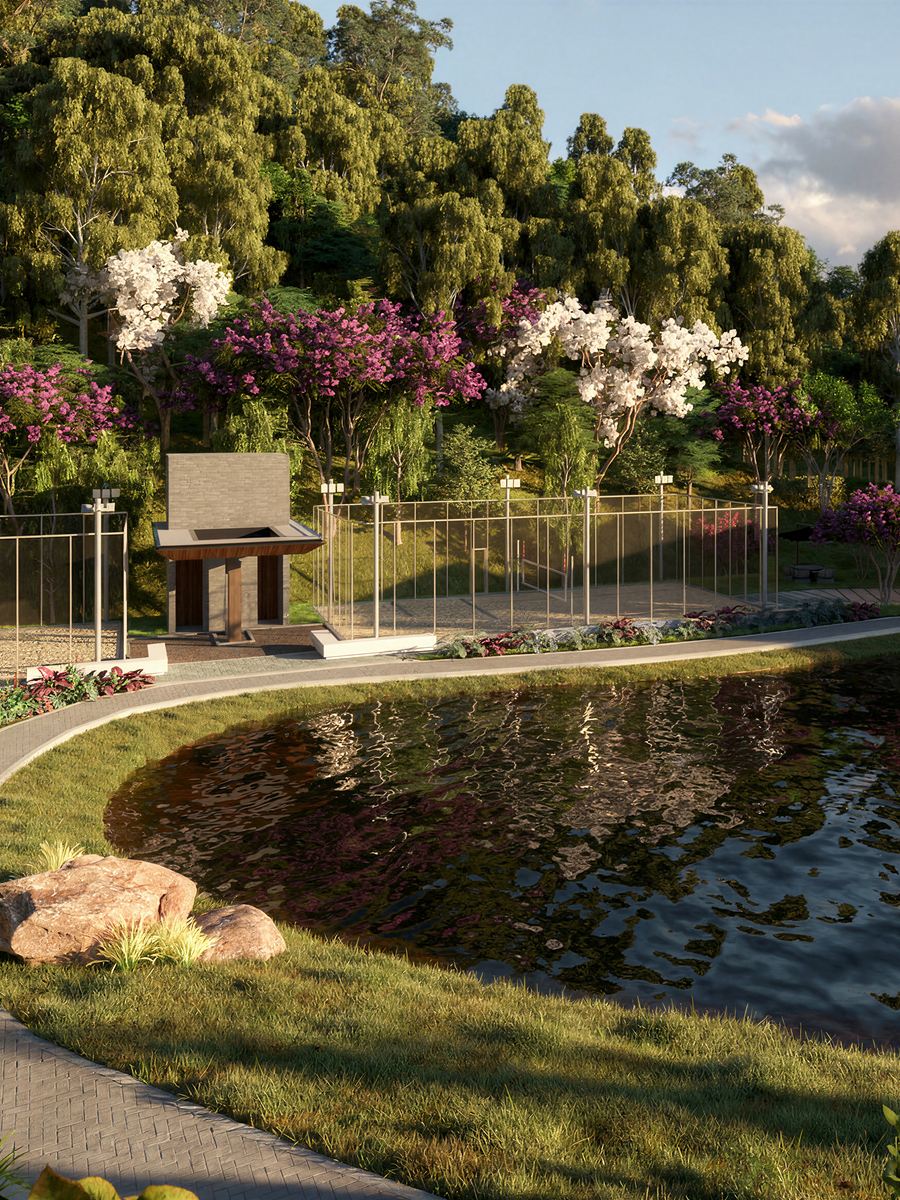 Caminho junto à lagoa, entre jardins floridos